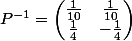 P^{-1}=\begin{pmatrix}\frac{1}{10}&\frac{1}{10}\\\frac{1}{4}&-\frac{1}{4}\end{pmatrix}